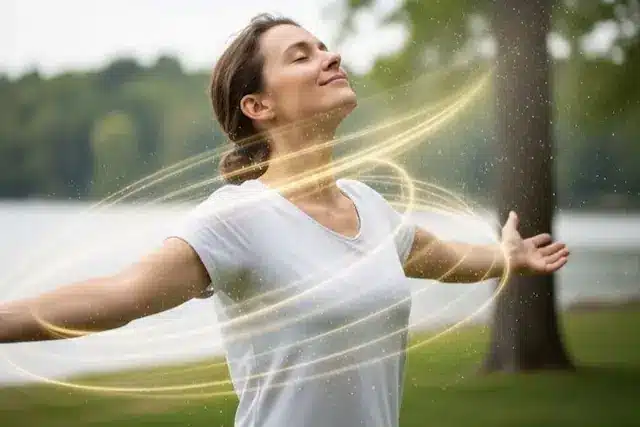 Een vitale vrouw, omringd door een ring van licht, die met gesloten ogen geniet van de buitenlucht, symbool voor gezondheid en rust