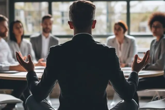 Een man in zakelijk pak in een meditatieve focus-houding die het gesprek leidt in een fysieke teamvergadering, symbool voor de werkervaring van bedrijfsarts Van Bennekom